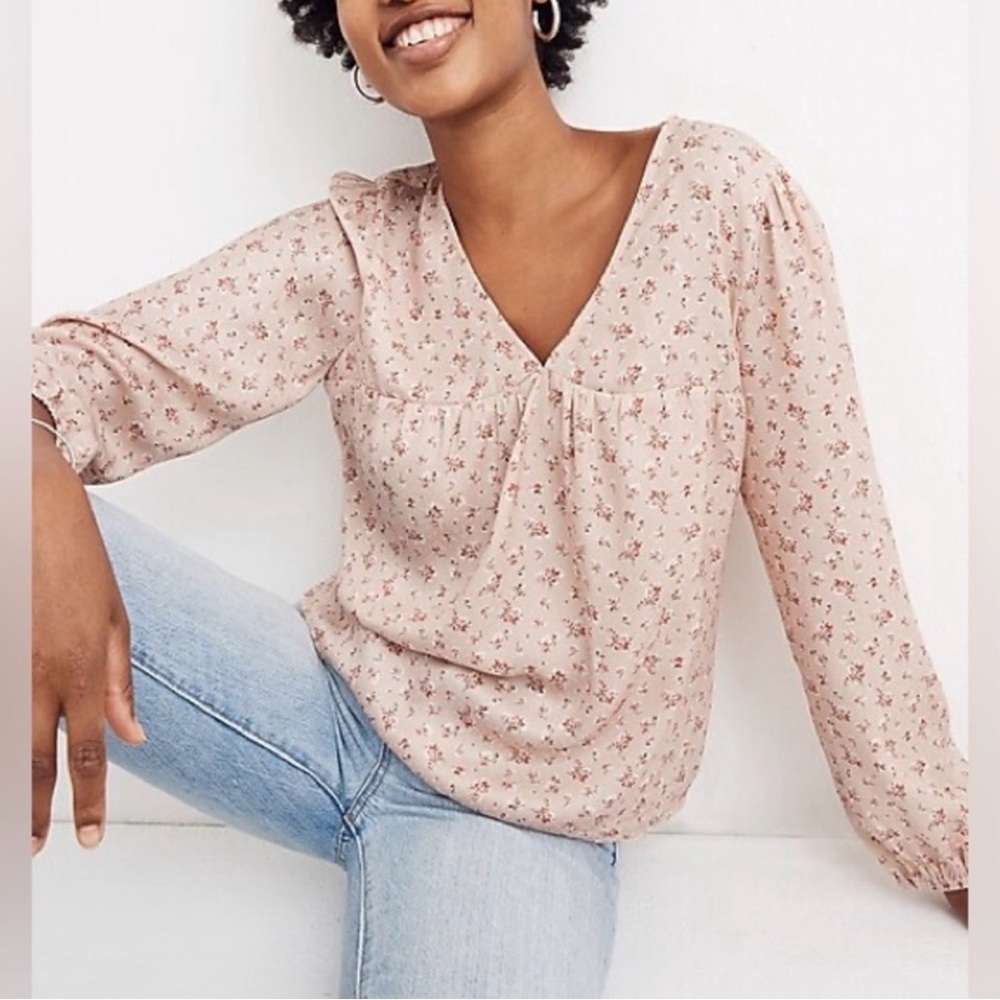 NWT Madewell Floral V-Neck Long Sleeve Blouse - Blush Pink